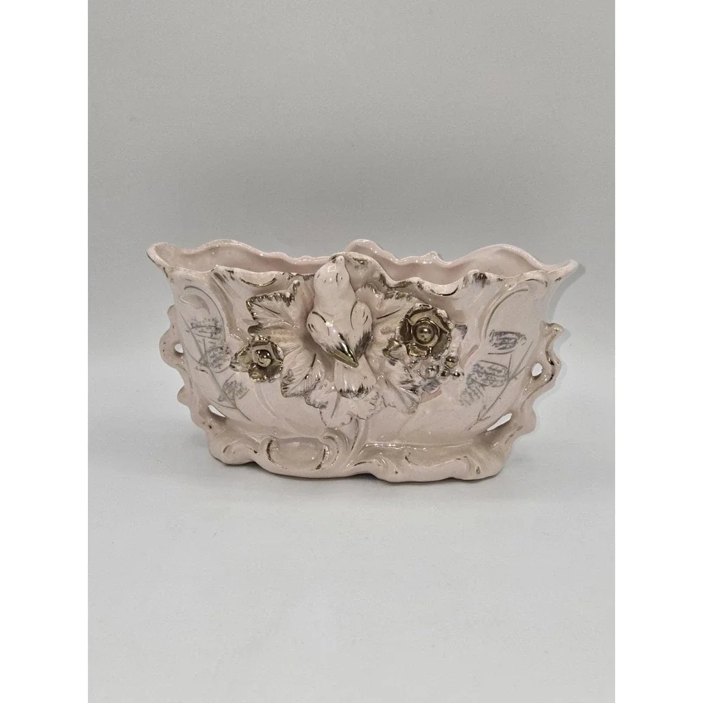 Vintage Pink Lusterware Planter‎ Bird Floral Gold Trim Ceramic Jardiniere 7